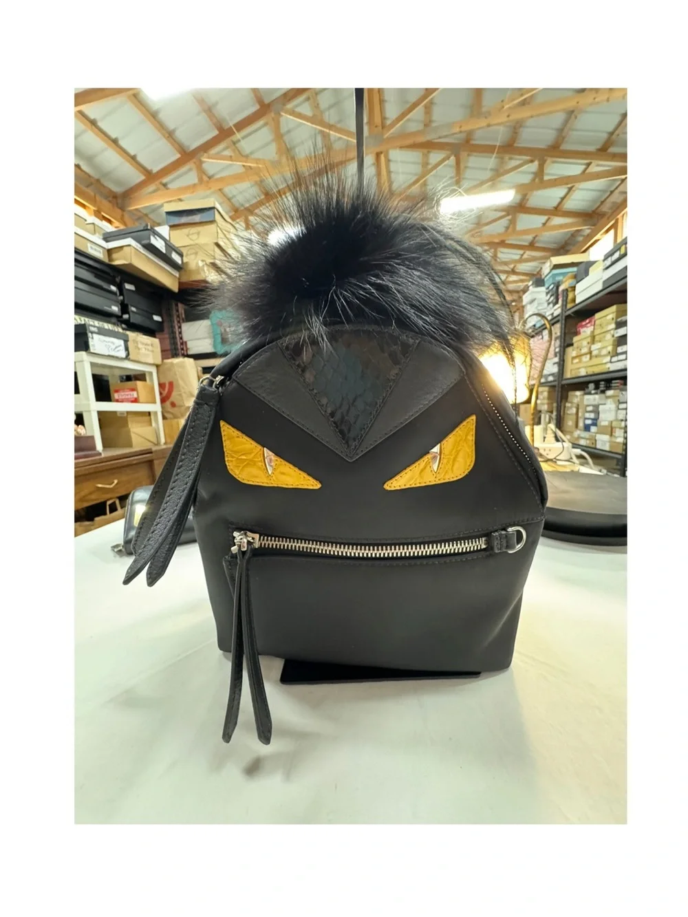 Fendi Black Nylon, Leather and Fur Monster Eyes Backpack full inclusion